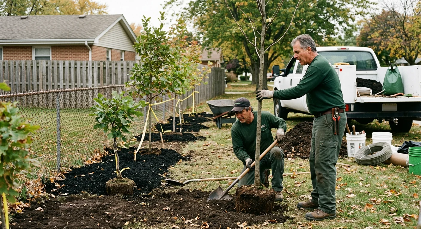 Wide shot of a Carpentersville backyard with newly planted shade trees along the fence line