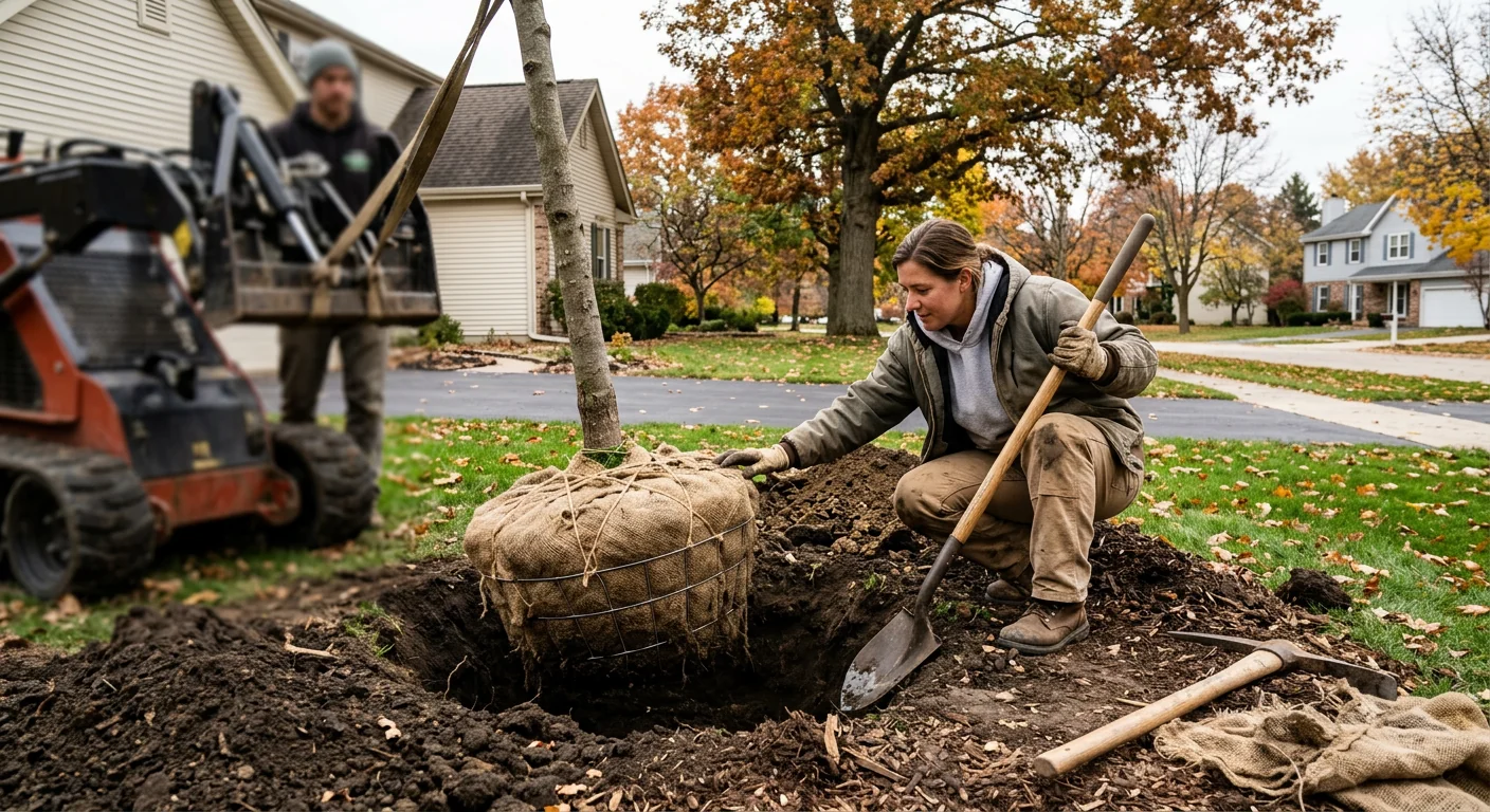 Crew member setting a balled-and-burlapped tree into a prepared planting hole