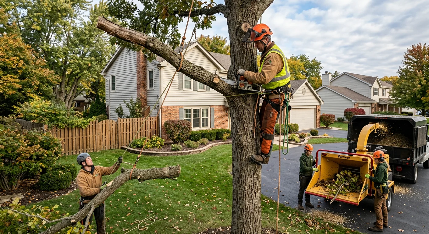 Arborist reviewing a mature backyard tree before pruning work at a Carpentersville home