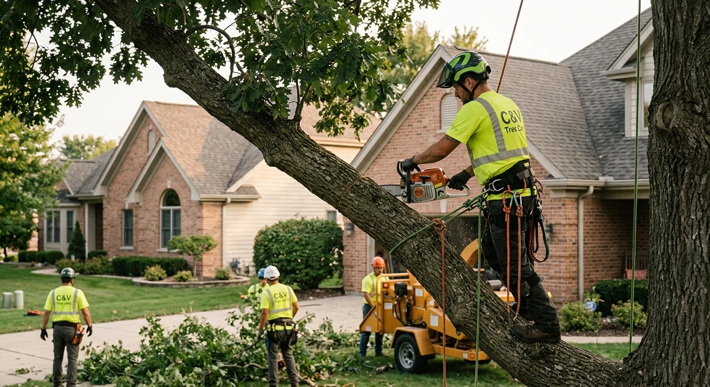 Arborist pruning a mature tree in a well-kept Carpentersville front yard
