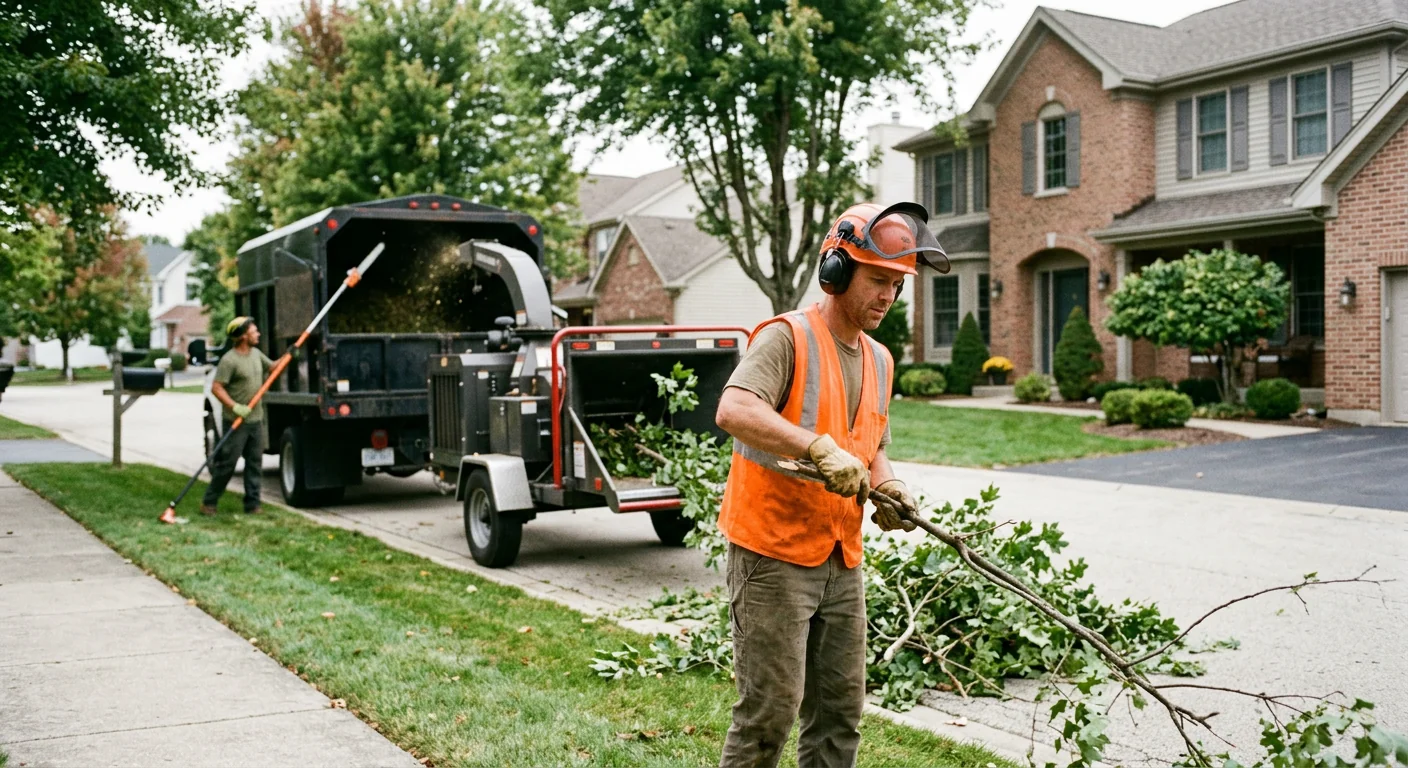 Arborist pruning a mature shade tree canopy in a Carpentersville residential yard