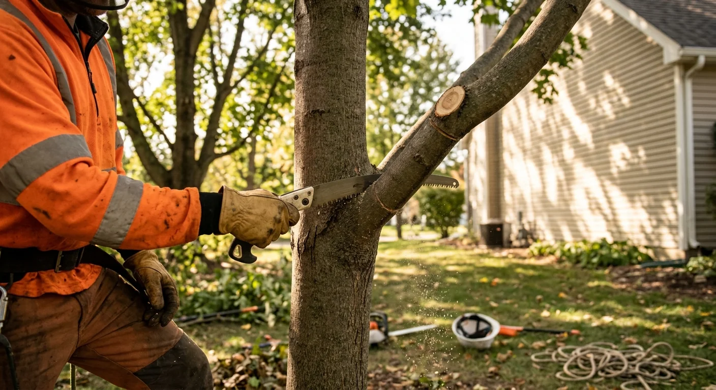 Close-up of a clean branch-collar cut during tree pruning on a residential maple
