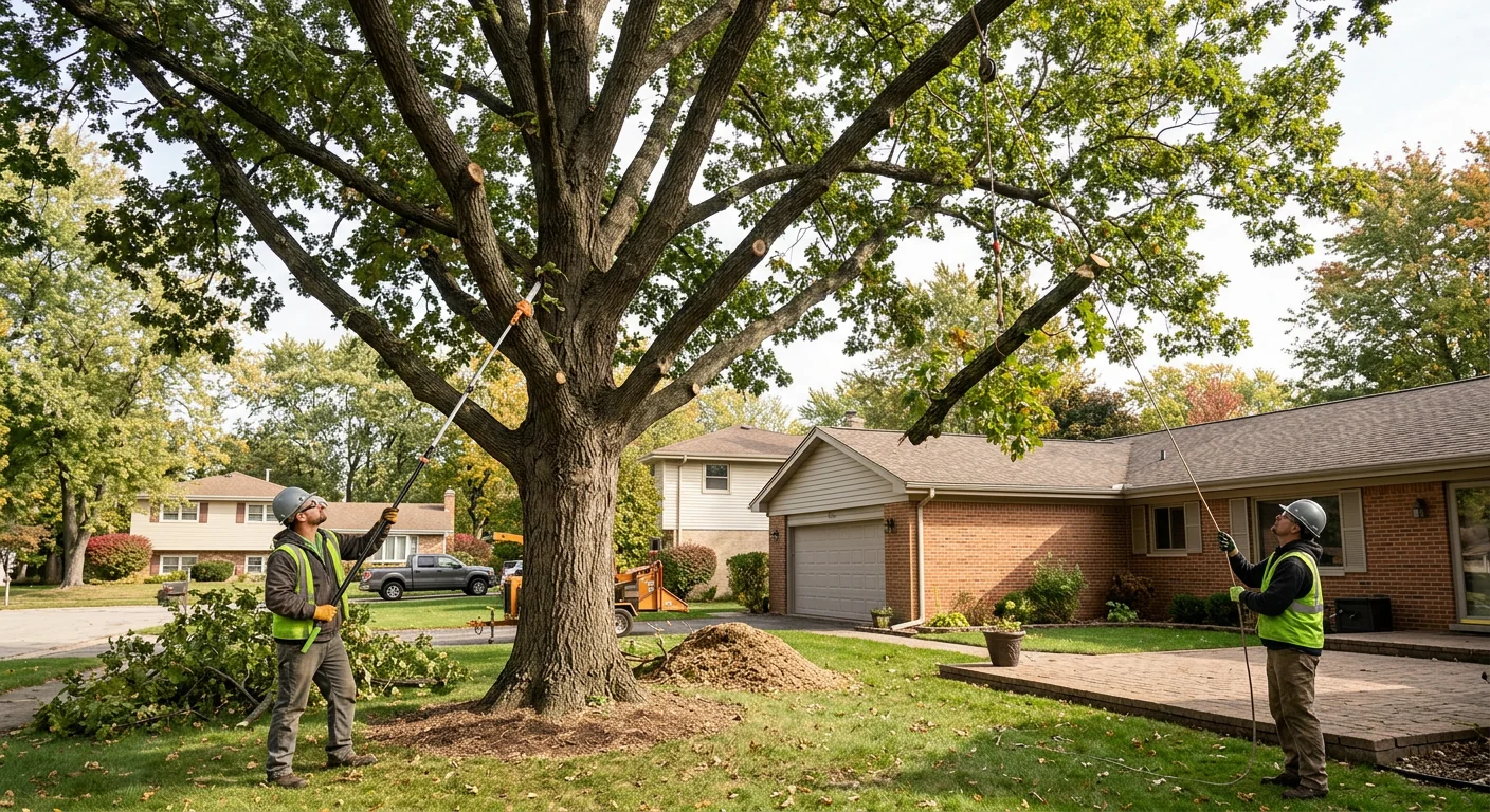 Wide shot of a pruned backyard oak with balanced canopy at a Carpentersville home