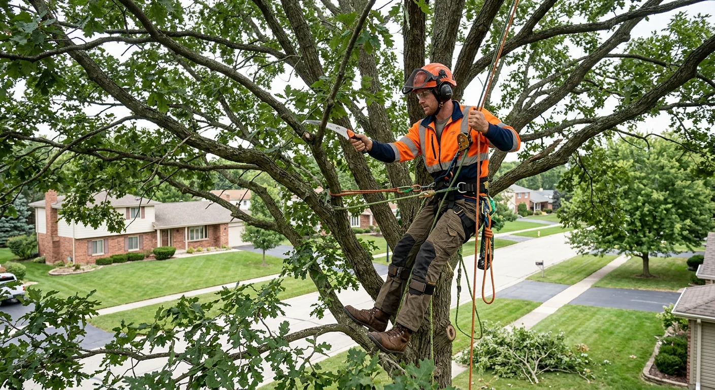Arborist on climbing line performing crown thinning high in a mature tree