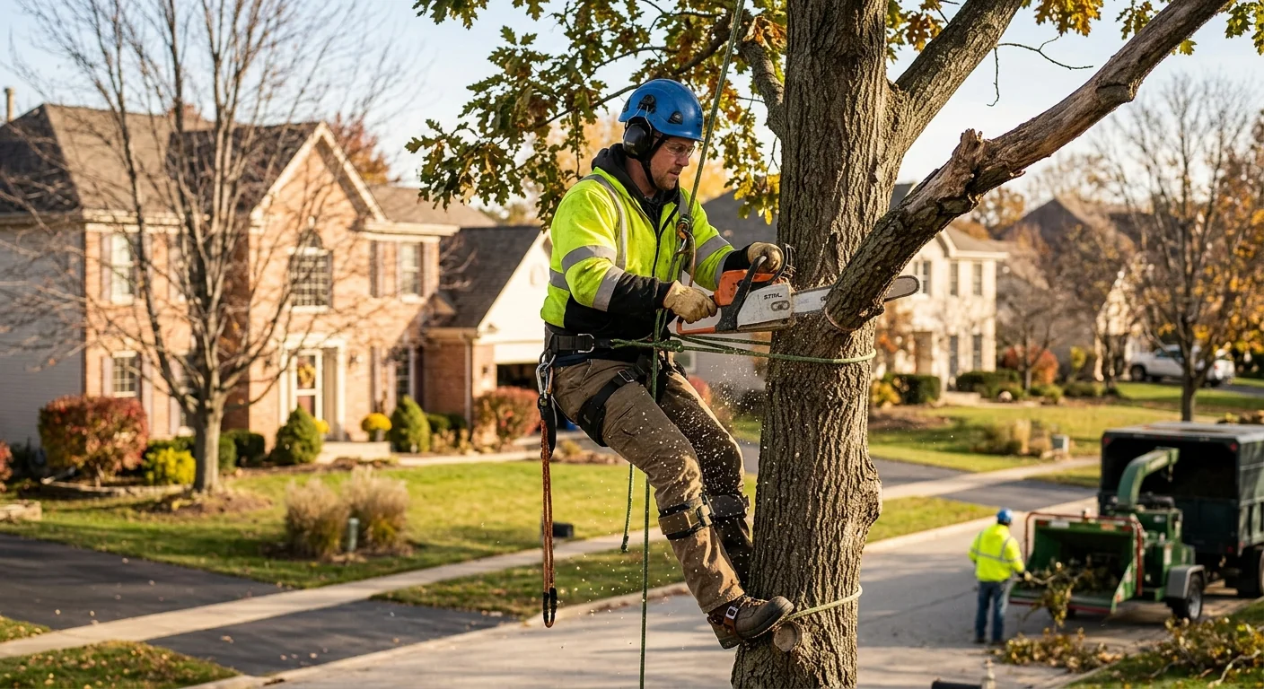Arborist reviewing a large backyard tree before removal at a Carpentersville home