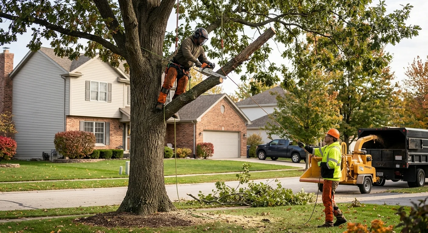 Tree service crew preparing for a safe tree removal on a Carpentersville property