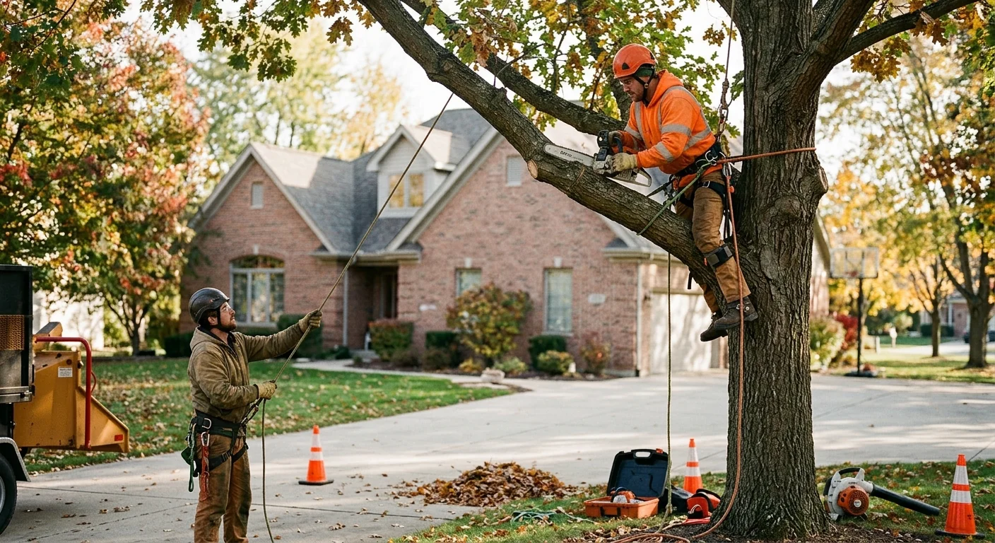 Arborist sectionally dismantling a large tree beside a Carpentersville home