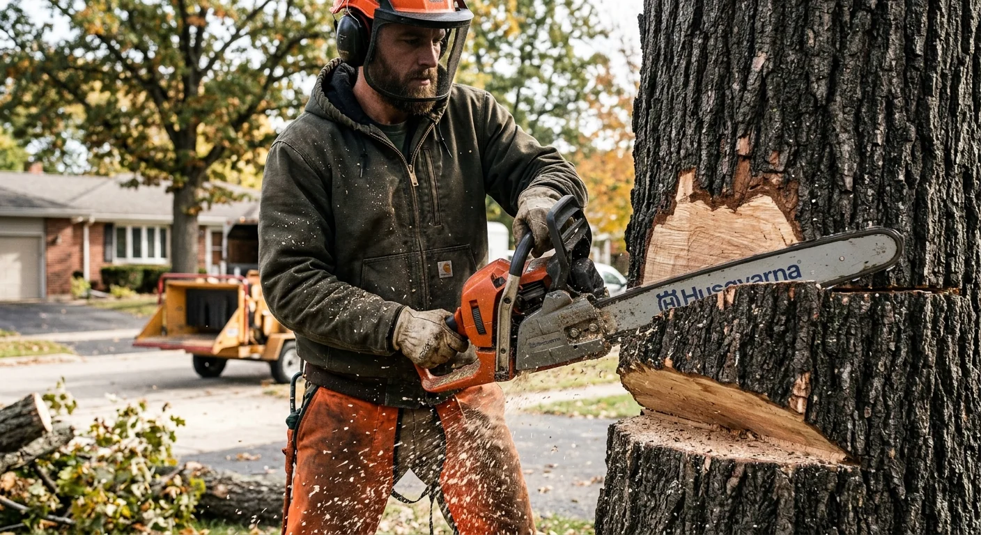 Close-up of a chainsaw sectional cut on a large oak trunk during removal