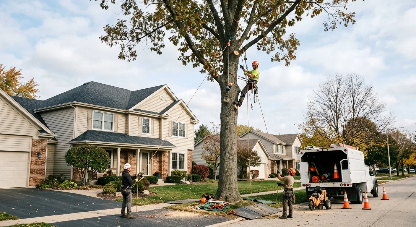 Wide shot of a crew rigging a tall tree beside a Carpentersville home