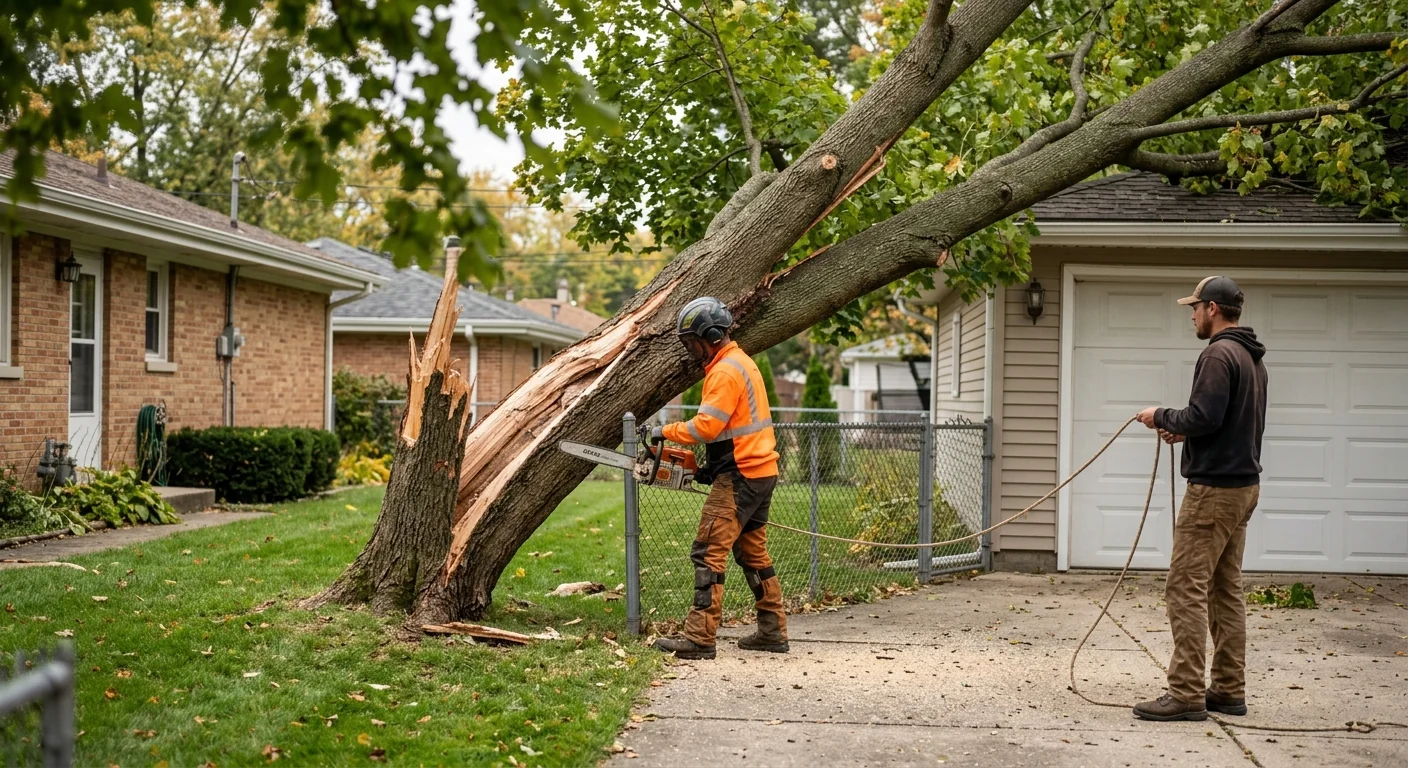 Storm-split maple leaning over a backyard fence before careful removal