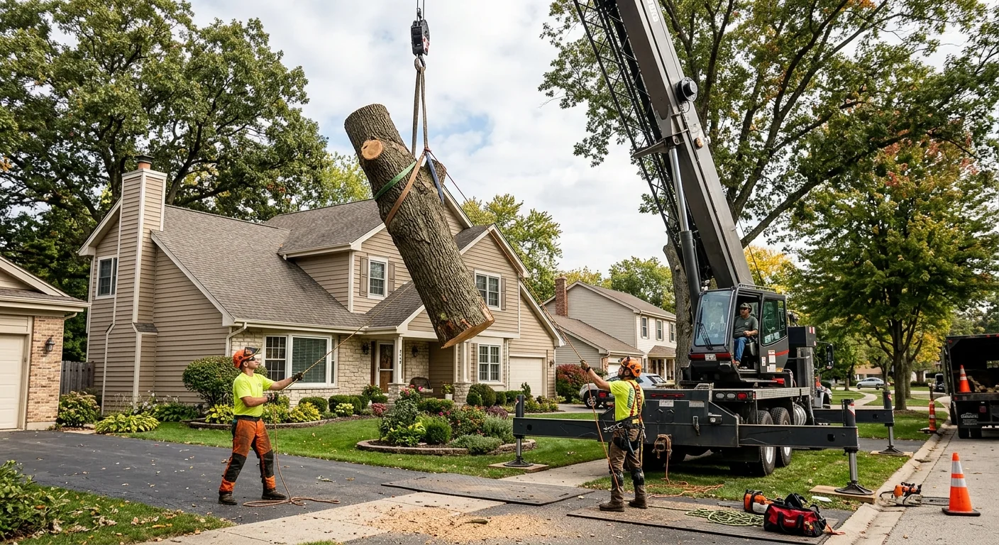 Crane lifting a heavy tree section clear of a residential rooftop