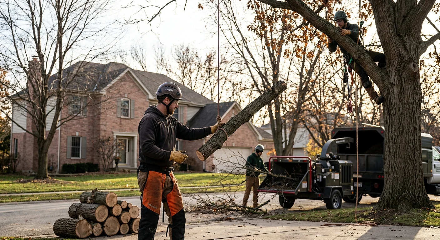 Arborist inspecting a mature backyard tree during a Carpentersville risk assessment visit