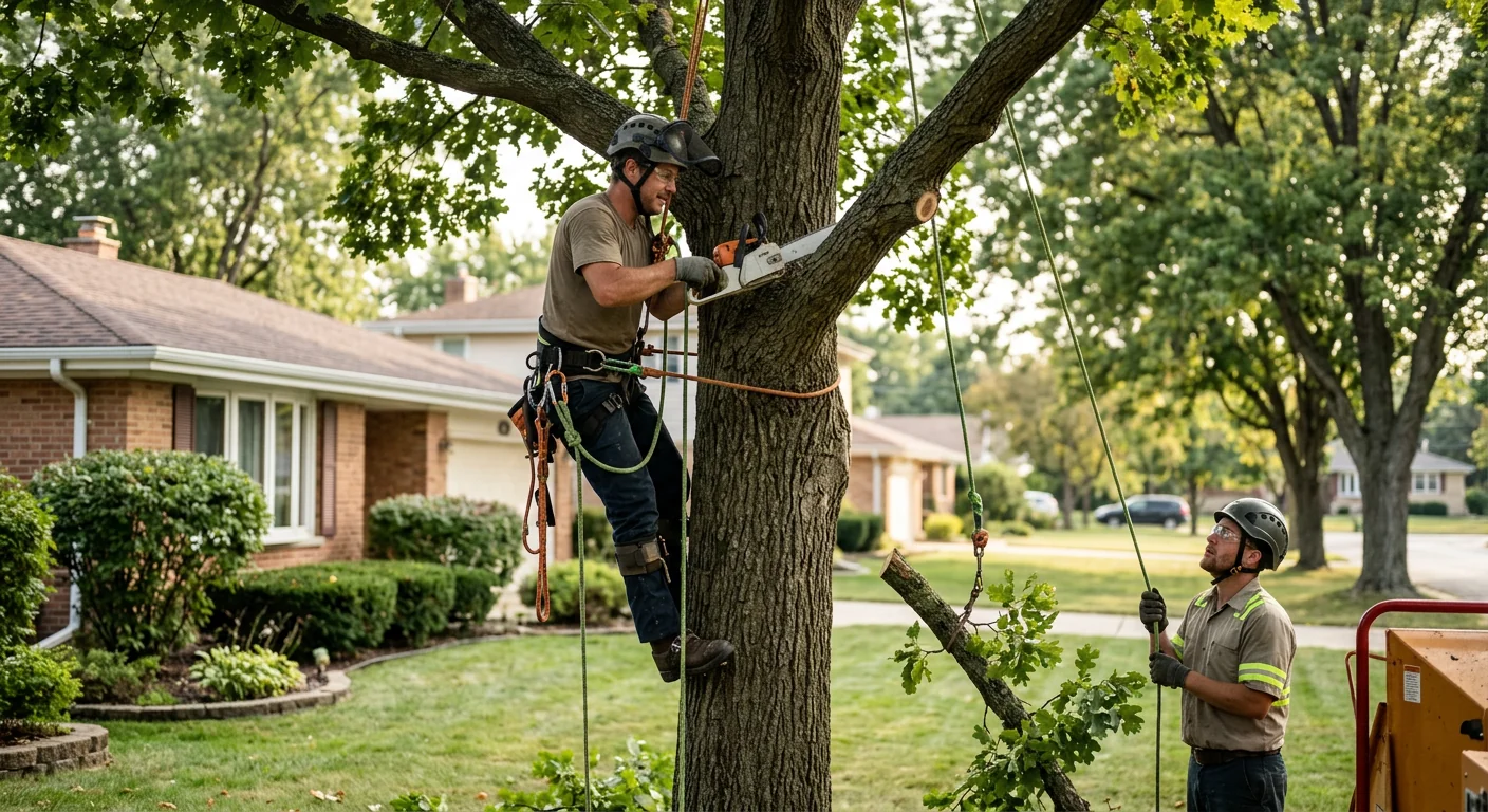 Arborist inspecting a mature tree trunk for decay on a Carpentersville property