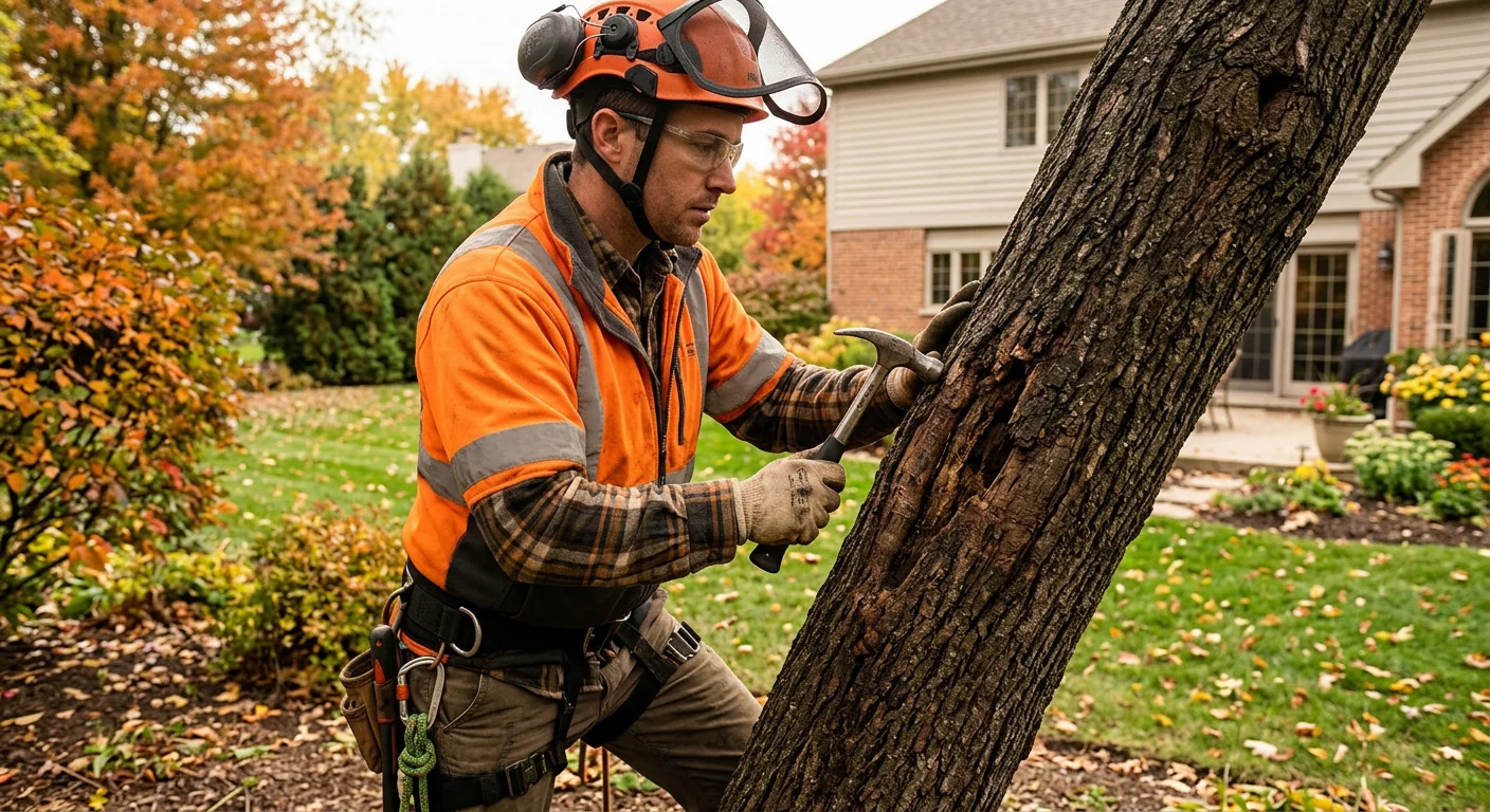 Arborist examining a leaning maple trunk close-up during a backyard risk assessment