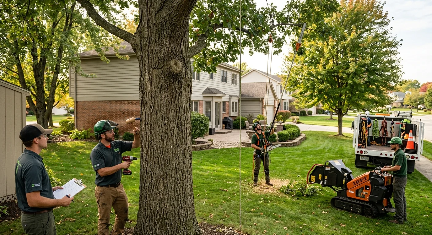 Wide view of a Carpentersville backyard with several mature trees under inspection