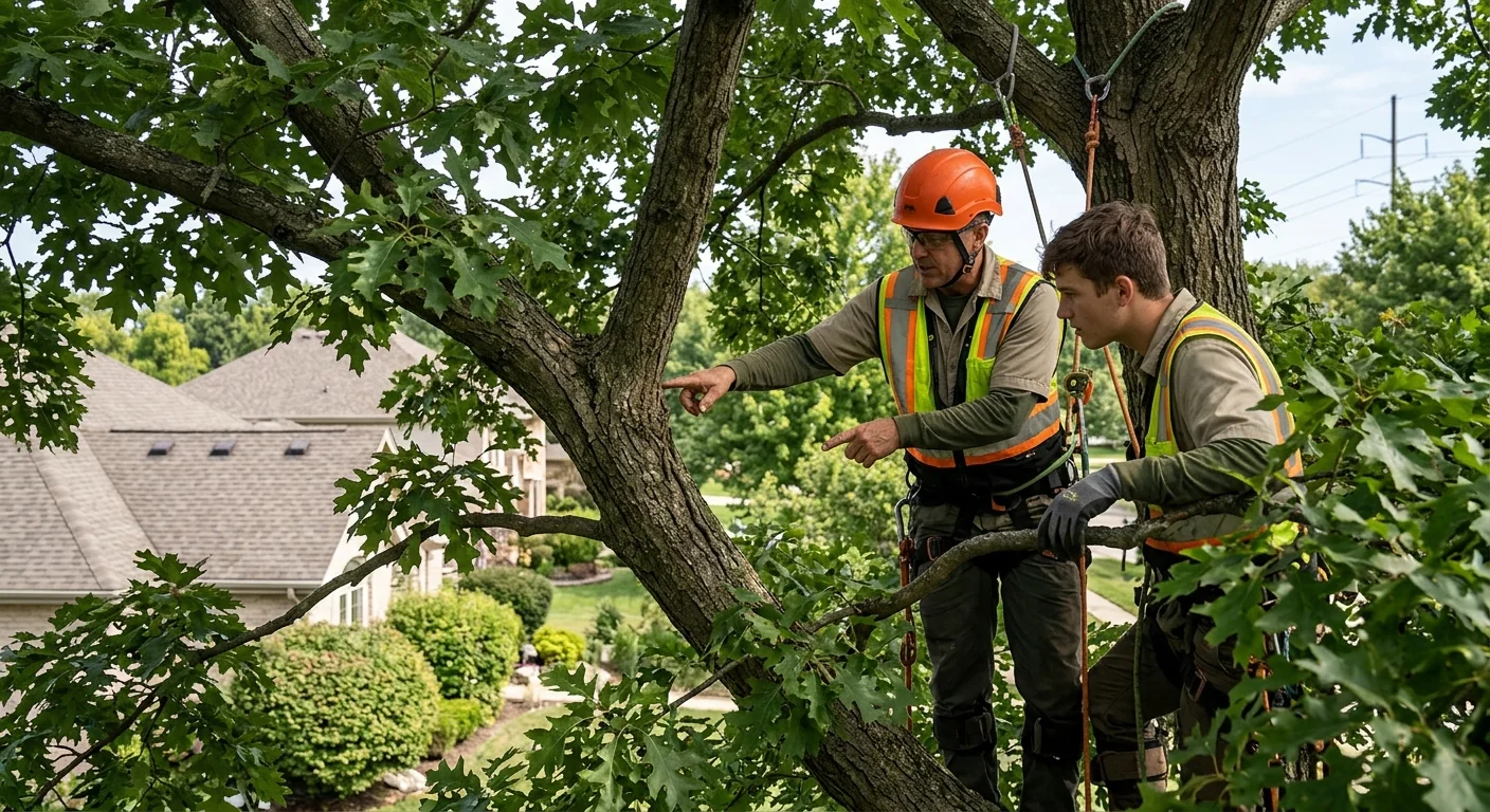 Inspector pointing at a weak branch union high in a tree canopy
