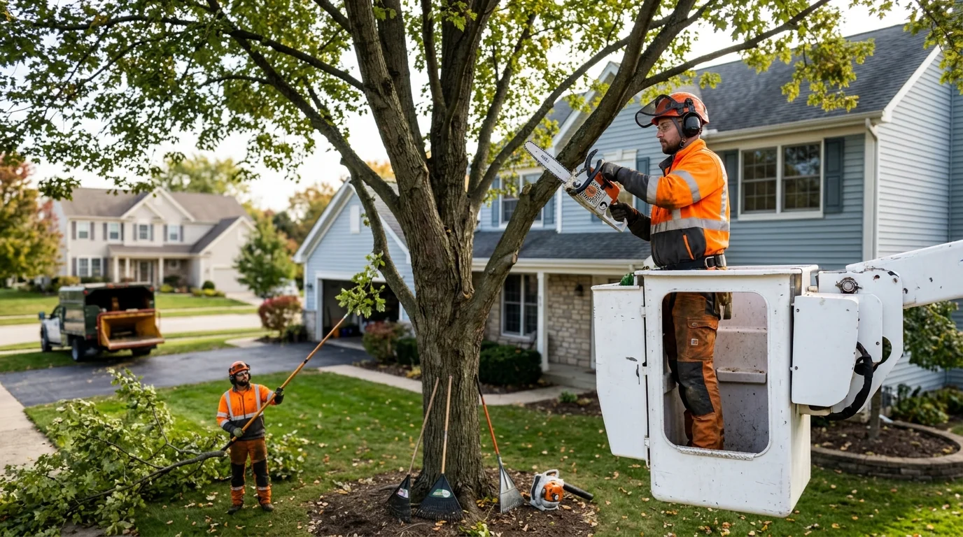 Arborist inspecting tree health on a well-kept Carpentersville residential property
