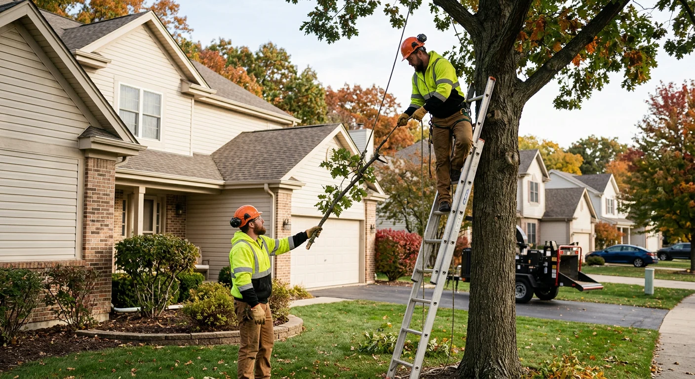 Carpentersville Tree Service crew pruning a mature front-yard tree
