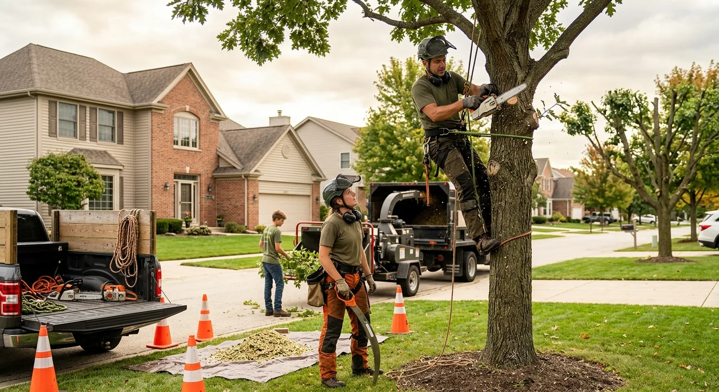 Arborist performing structural pruning on a large tree in a Carpentersville neighborhood