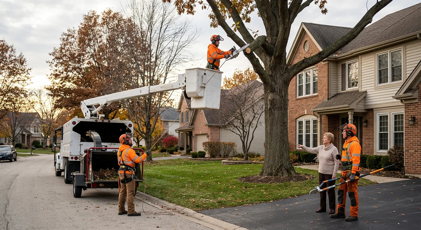 Tree crew reviewing a completed pruning job with a Carpentersville homeowner in the yard