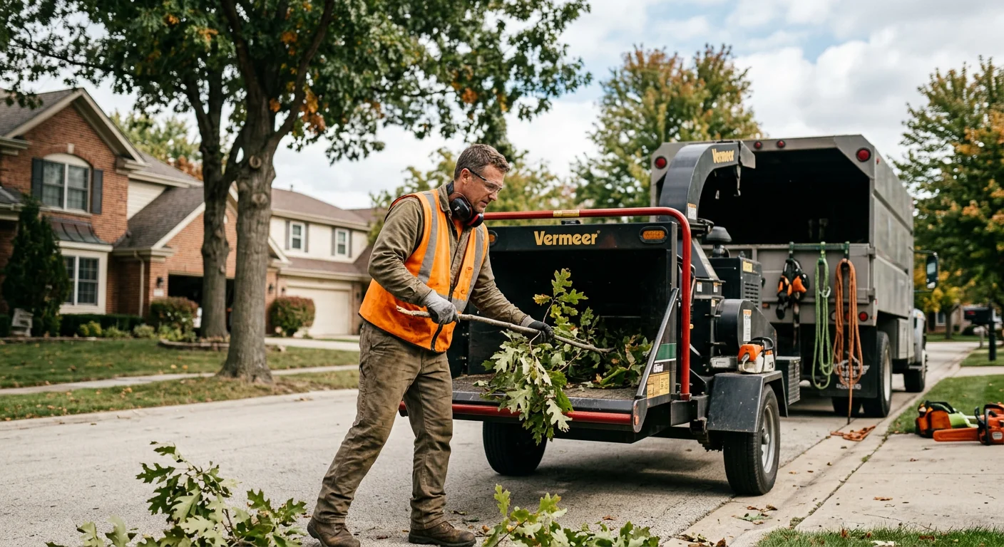 Tree service crew with rigging gear working on a mature Carpentersville property