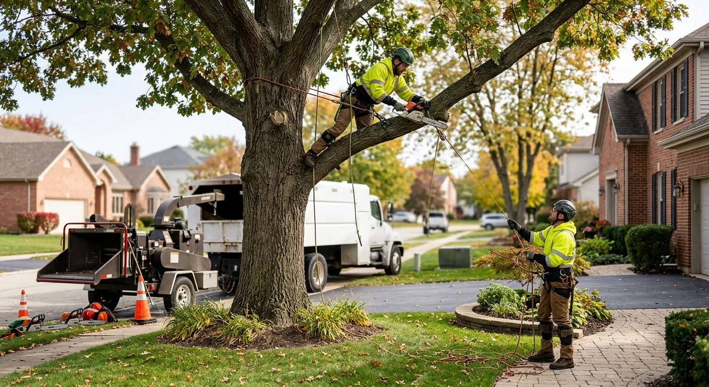 Storm-damaged maple with cracked limbs beside a Carpentersville home