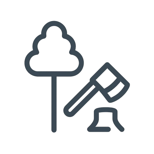 Line icon of a tree marked for removal near a home