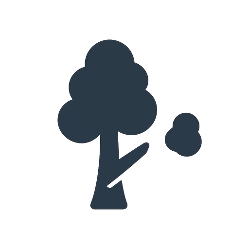 Line icon of a leaning cracked tree flagged as hazardous