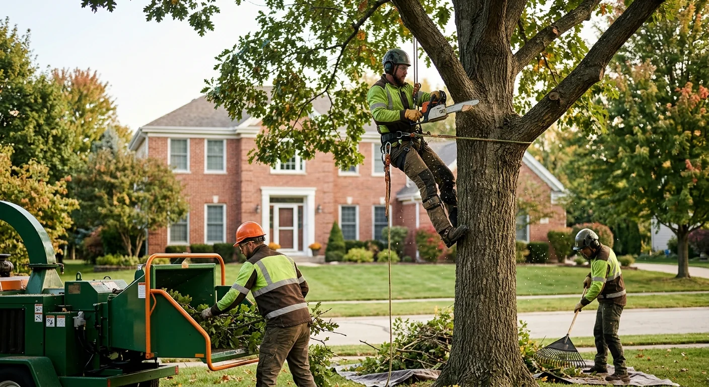 Experienced tree crew using rigging to remove a limb near a Carpentersville home