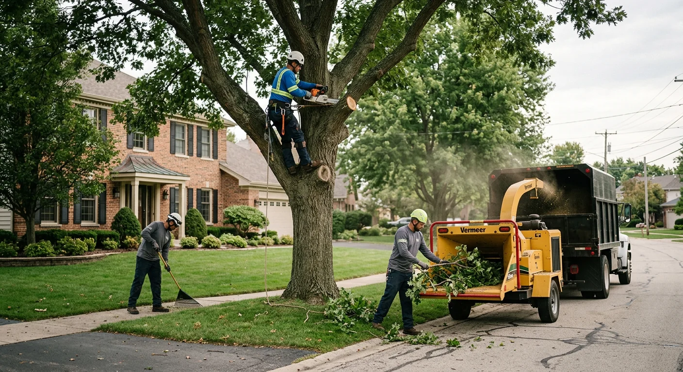 Arborist evaluating a mature backyard tree before trimming at a Carpentersville home