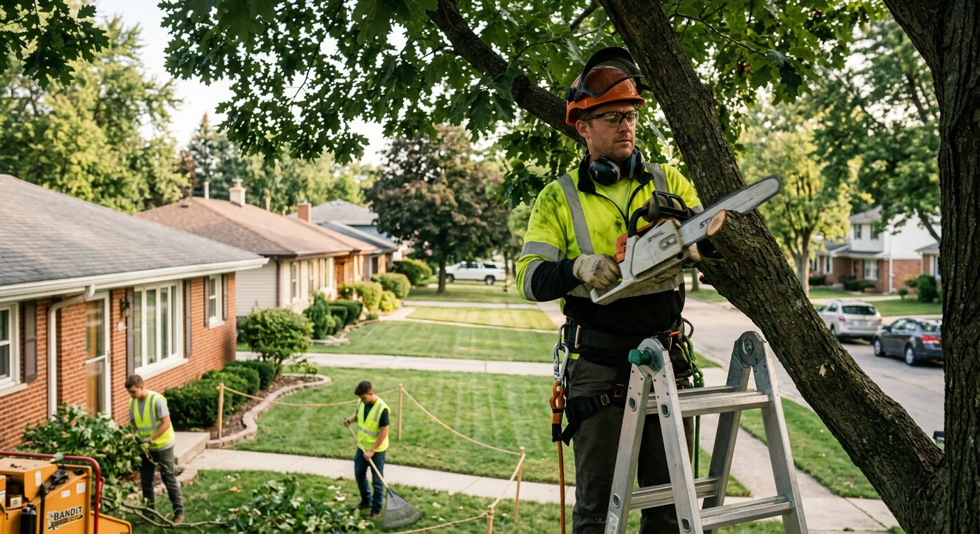 Arborist trimming a mature backyard tree beside a Carpentersville home in early spring