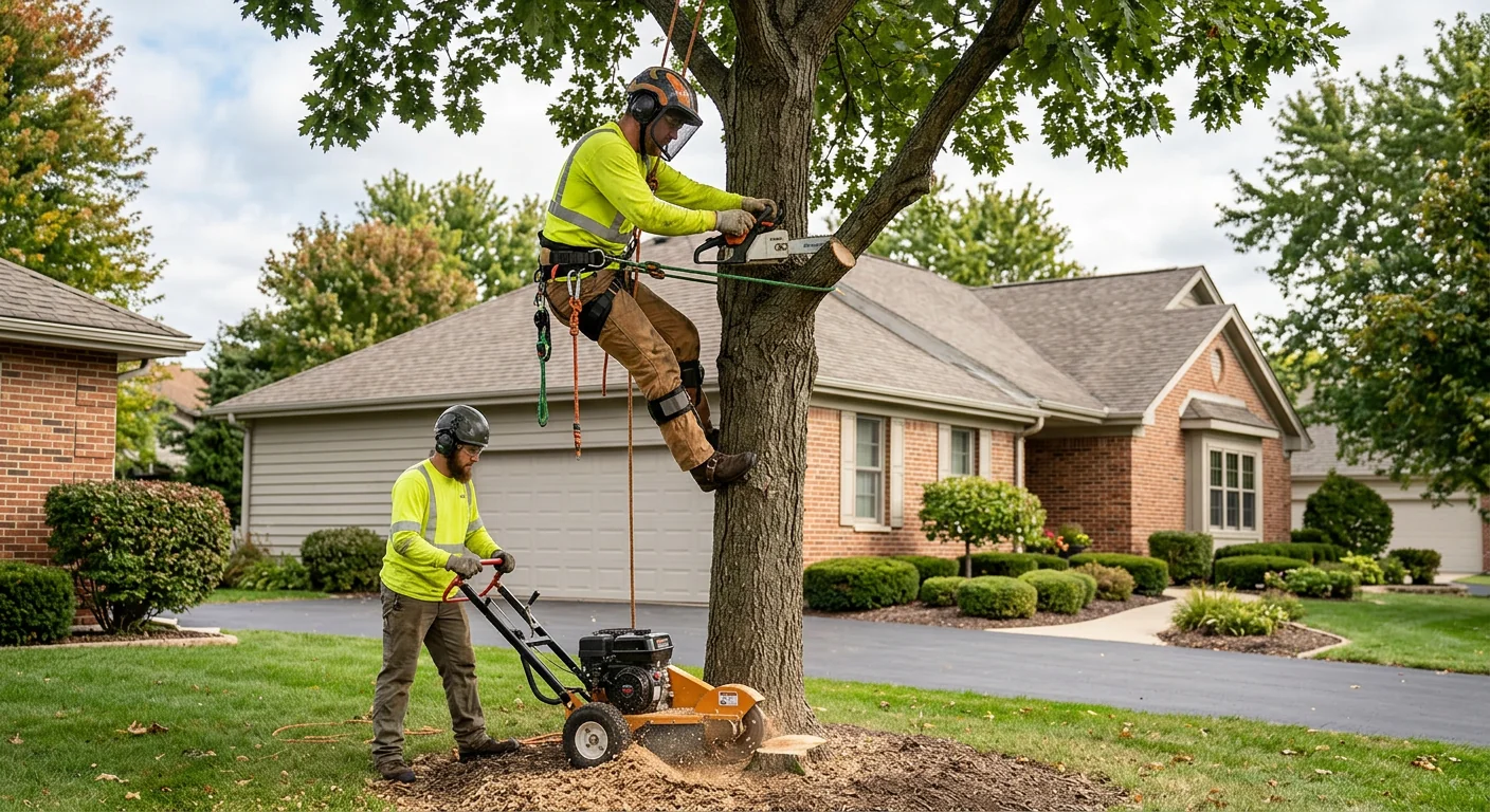 Arborist shaping the canopy of a mature tree in a Carpentersville yard