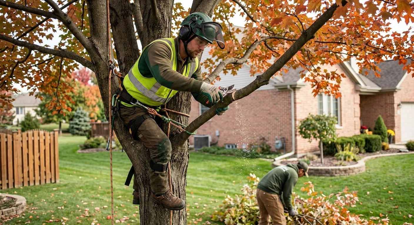 Arborist making a precision pruning cut on a mature maple branch in a residential yard