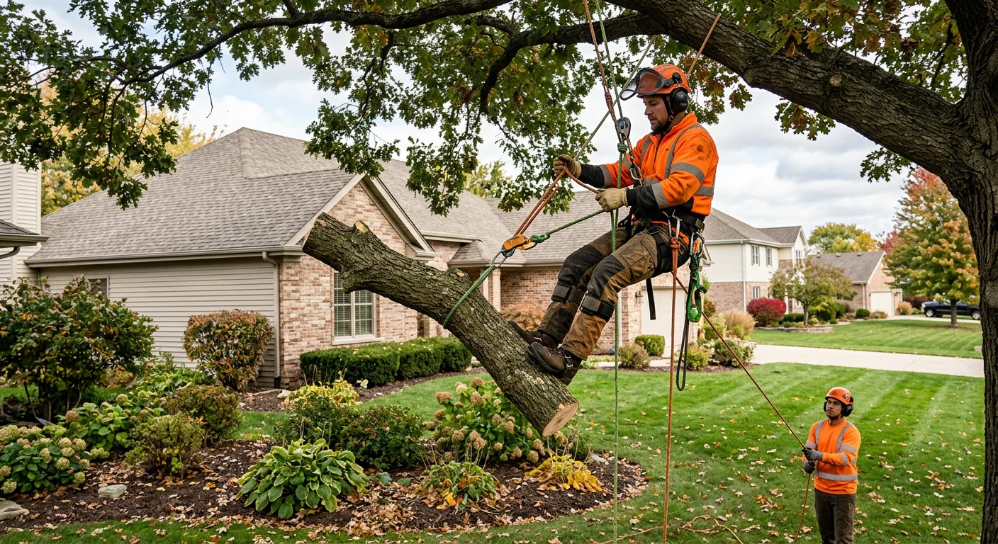 Climber roping down a heavy limb above a garden bed during canopy trimming