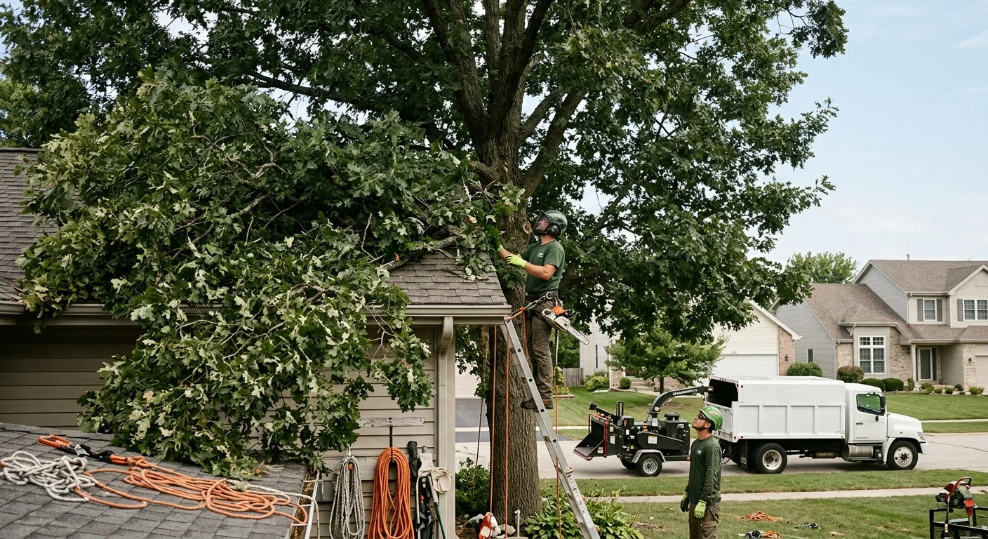 Overgrown tree crowding a rooftop before clearance trimming on a residential property